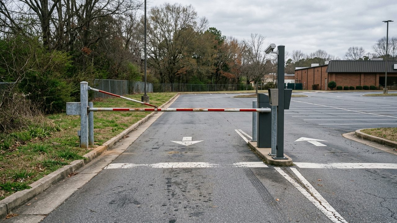 Close view of a parking lot entry barrier and camera post on an empty lane in flat daylight