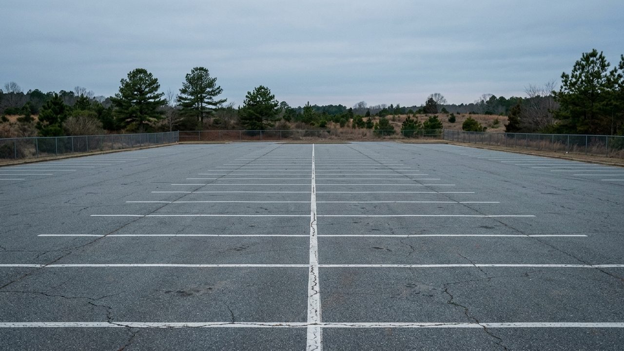 Rows of empty marked parking bays on an open lot at first light with a perimeter fence behind