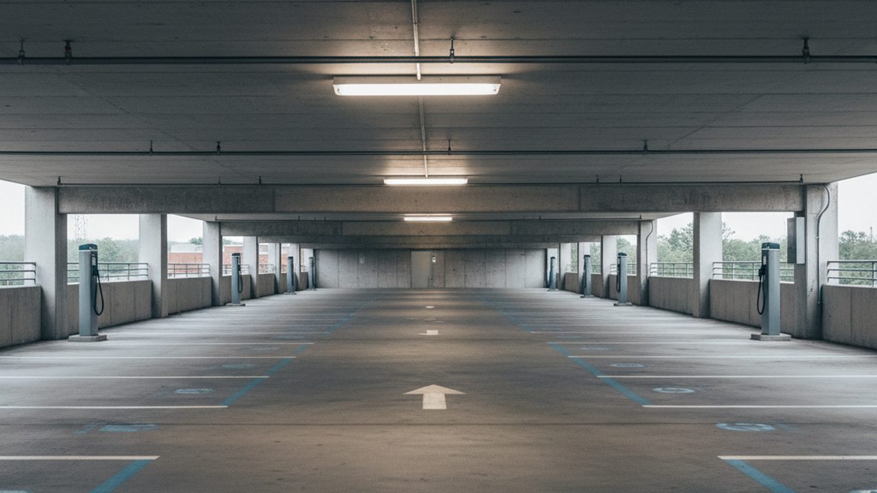 Empty parking bays with charging posts on a covered parking level in flat light, no vehicles
