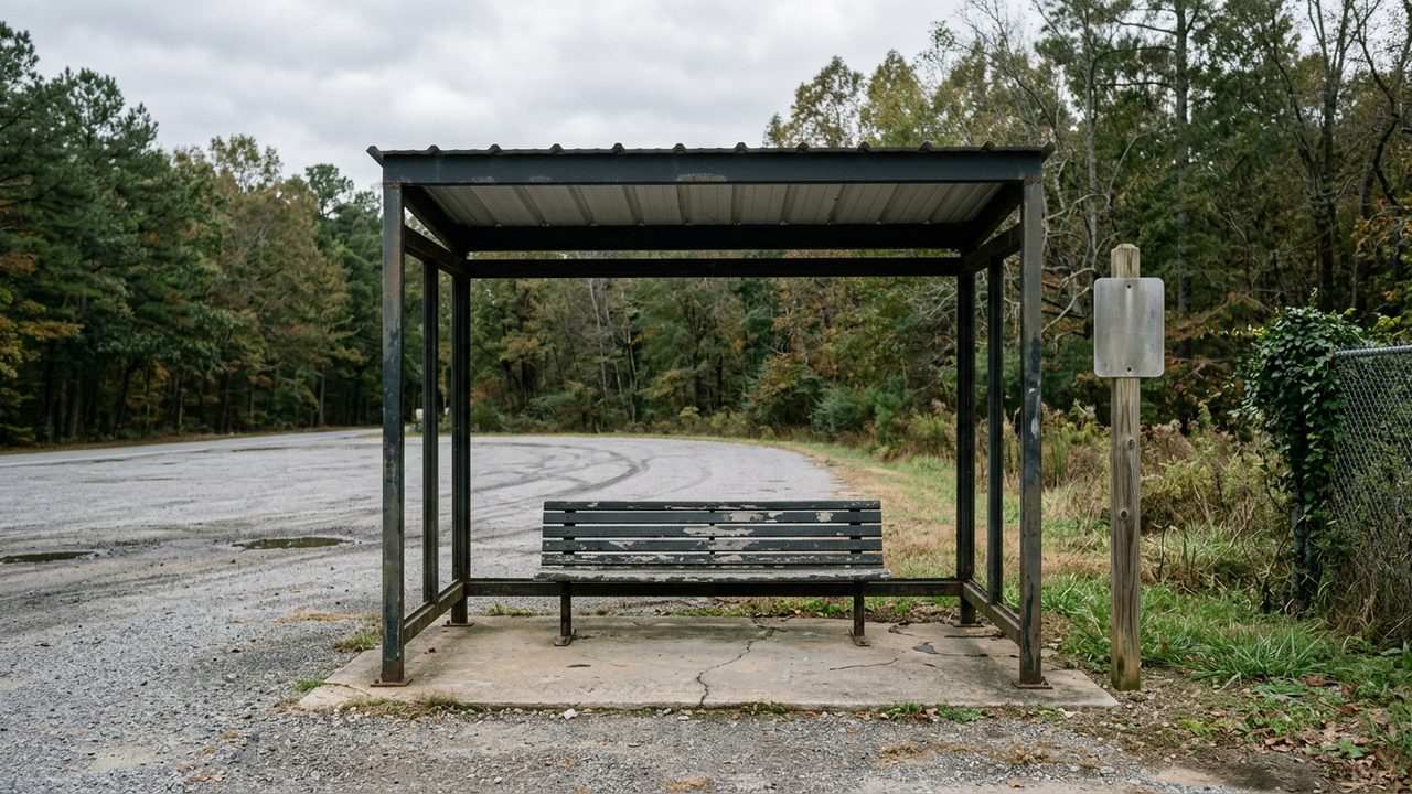 Empty covered shuttle waiting shelter at the edge of a parking lot in flat daylight, bench and route post, no people